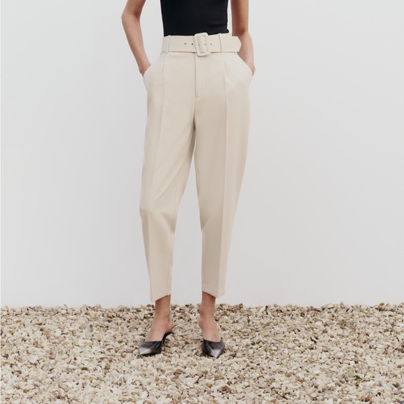 Zara cream trouser pants with fabric-covered belt - Picture 2 of 13